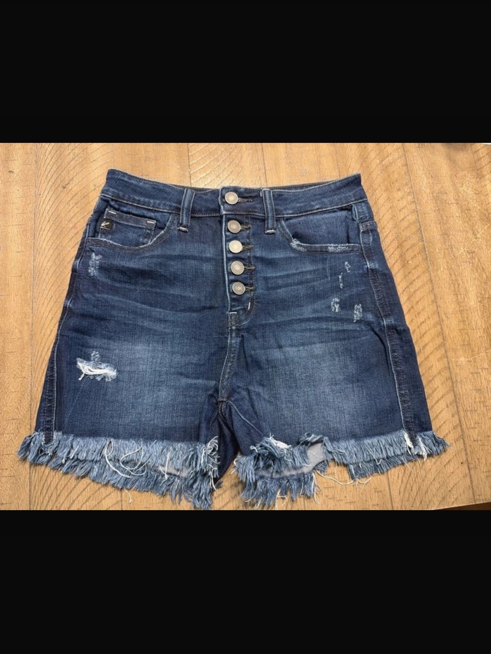 KanCan Distressed Button-Front Denim Shorts - Dark Blue size medium